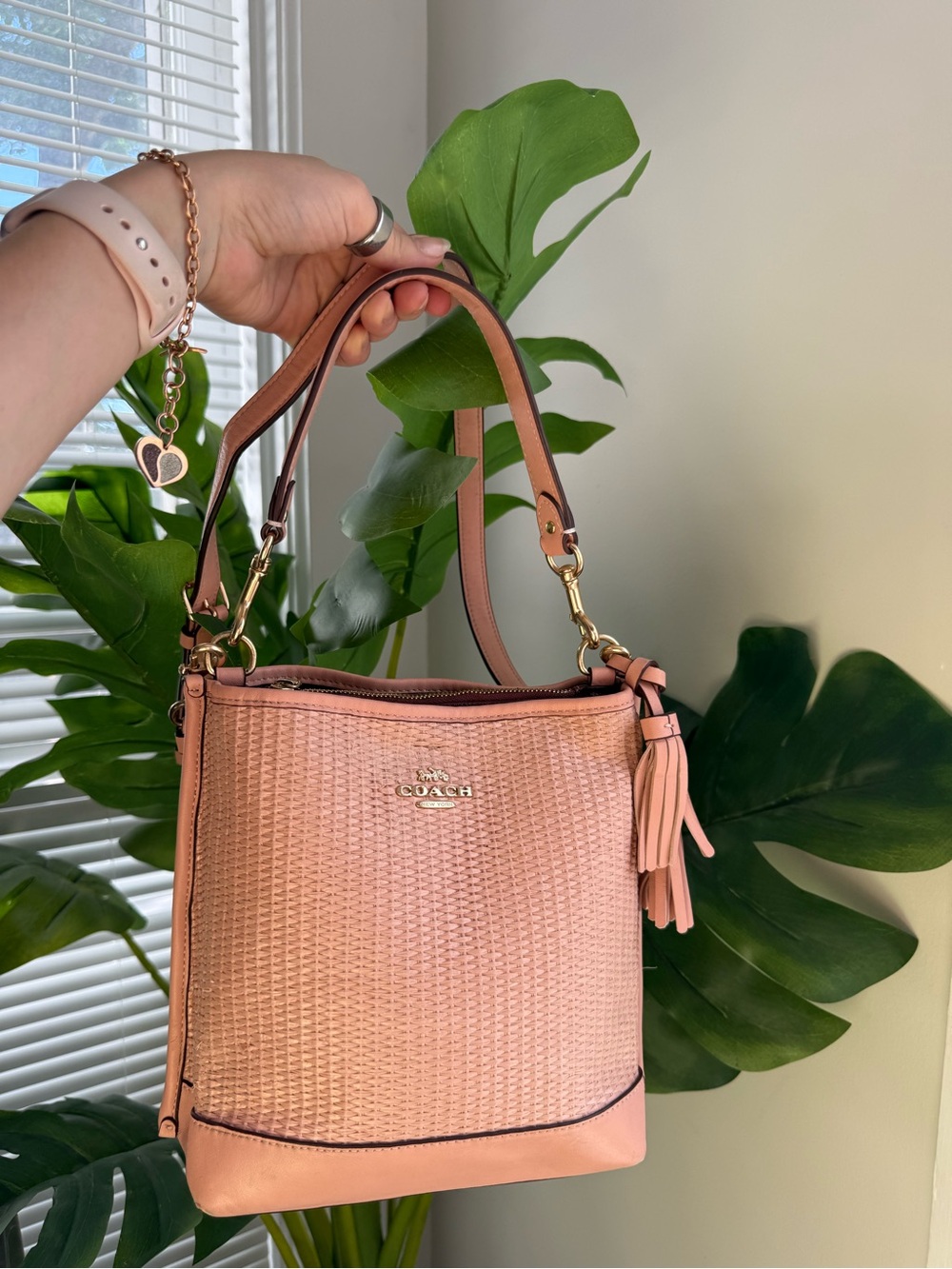 Coach Blush Pink Woven Leather Shoulder Bag with Tassel